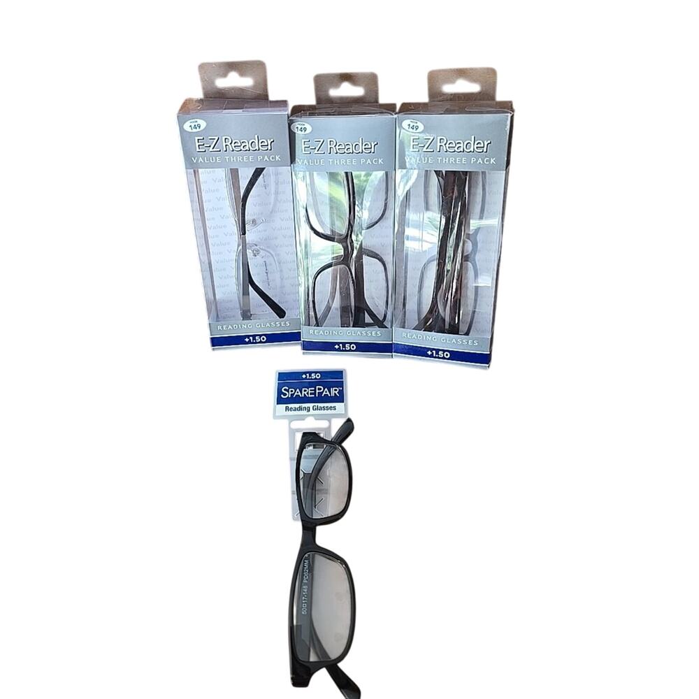 Lot of 4 NEW E-Z Reader& Spare Pair‎ Clear Reading Glasses Eyeglasses +1.50